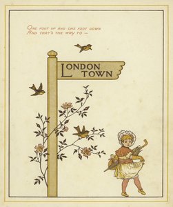 Un panneau indique la direction de Londres avec une jeune fille marchant dans cette direction - Thomas Crane