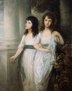 Portrait de groupe des demoiselles Sloper, toutes deux debout presque en longueur totale en robes blanches avec des ceintures bleues - Thomas Gainsborough