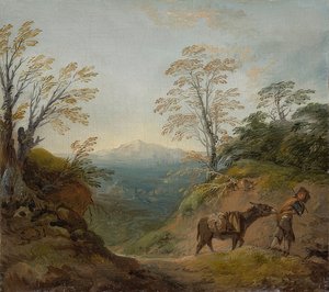 Paysage boisé avec un garçon menant un âne et un chien, et un panorama étendu avec des bâtiments et des collines lointaines. Début des années 1760