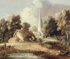 Paysage avec une église, cottage, villageois et animaux