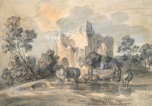 Paysage avec un château en ruine et du bétail près d