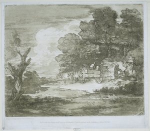 Paysage avec une charrette tirée par des chevaux le long d
