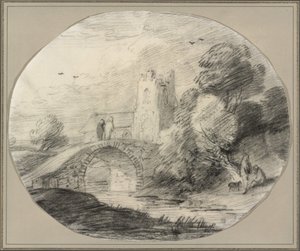 Paysage fluvial avec un pont et une église - Thomas Gainsborough