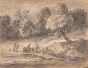 Paysage boisé avec figures à cheval traversant un pont - Thomas Gainsborough