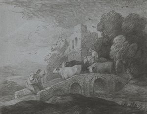 Paysage boisé avec berger conduisant du bétail sur un pont, amoureux rustiques et château en ruine