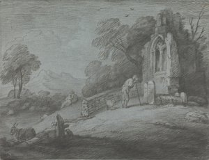 Paysage boisé avec paysan lisant une pierre tombale, amoureux rustiques et église en ruine - Thomas Gainsborough