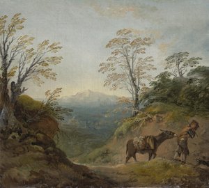 Paysage boisé avec un garçon menant un âne et un chien, et un panorama étendu avec des bâtiments et des collines lointaines, début des années 1760