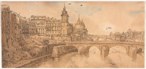 Une sélection de vingt des vues les plus pittoresques de Paris : Vue du Pont au Change, du Théâtre de la Ville, du Pont Neuf, de la prison de la Conciergerie, prise du Pont Notre Dame - Thomas Girtin