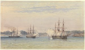 La guerre de Chine 1857, trois navires de Sa Majesté bombardant et des bateaux à terre - Thomas Goldsworth Dutton