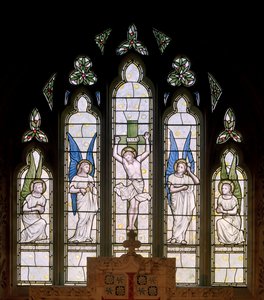 Hornblotton, St Peter, Fenêtre Est, Crucifixion et Anges, 1874 - Thomas Graham Jackson