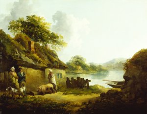 Une famille gitane devant une grange dans un paysage