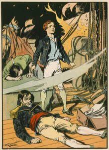 Casabianca sur le bateau en flammes (lithographie couleur) - Thomas Heath Robinson