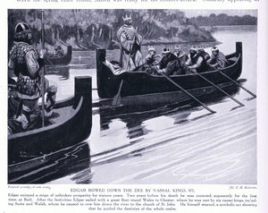 Edgar descendant la Dee à la rame par des rois vassaux AD973 (litho) - Thomas Heath Robinson