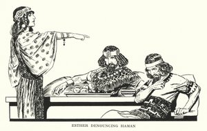 Esther dénonçant Haman (litho) - Thomas Heath Robinson