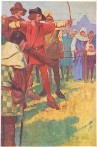 Il tend son arc un bref instant, puis détache la corde (lithographie couleur). - Thomas Heath Robinson