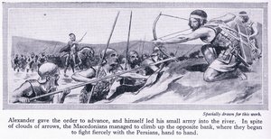 Comment Alexandre a conquis son empire : Darius, roi de Perse, a rassemblé une grande armée qui a été vaincue par les Macédoniens en 334 avant J.-C., vers 1950 (lithographie). - Thomas Heath Robinson