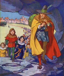 Illustration pour Le joueur de flûte de Hamelin (lithographie couleur) - Thomas Heath Robinson
