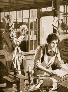 Michael Faraday, apprenti chez un libraire, lisant une encyclopédie (lithographie) - Thomas Heath Robinson