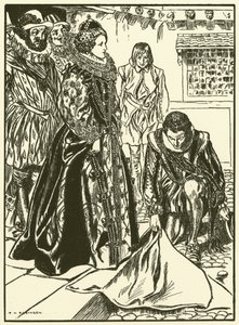 Raleigh étale son manteau devant Elizabeth (gravure) - Thomas Heath Robinson