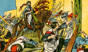 Richard Cœur de Lion combattant dans la terre sainte (lithographie couleur) - Thomas Heath Robinson