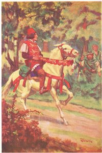 Robin et son compagnon ont vu maître Patrington chevaucher vers eux (lithographie couleur) - Thomas Heath Robinson