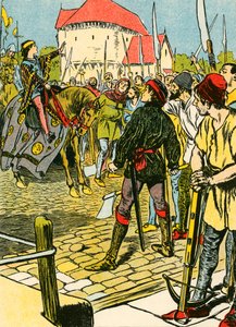 Le jeune roi Richard met fin à la rébellion (lithographie couleur) - Thomas Heath Robinson