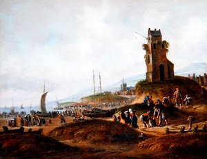 Vue de Scheveningen, avec des pêcheurs vendant leur prise