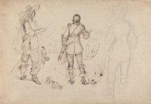 Page de croquis de cavaliers, tête de cheval et plumes - Thomas Henry Nicholson