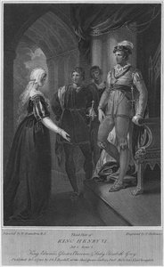 Troisième partie du Roi Henri VI. Acte 3. Scène 2. Roi Édouard, Gloucester, Clarence et Lady Elizabeth Gre - Thomas Holloway