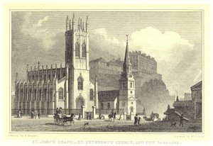 Chapelle Saint-Jean, église Saint-Cuthbert et nouvelles casernes (gravure) - Thomas Hosmer (after) Shepherd