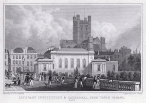 Institution littéraire et cathédrale, depuis North Parade, Bath - Thomas Hosmer Shepherd