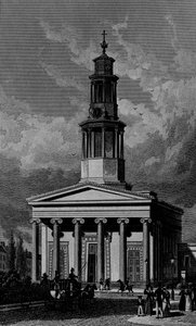 Église St. Pancrass, façade ouest, gravée par James Tingle 1827 - Thomas Hosmer Shepherd