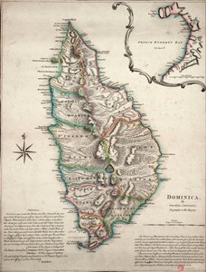 Carte en couleur de la Dominique avec des observations géographiques détaillées - Thomas Jefferys