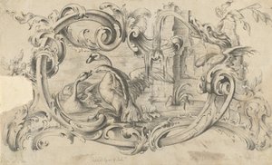 Conception pour une tablette de cheminée avec deux cygnes en combat, Enfermée dans un rouleau..., 1762 - Thomas Johnson
