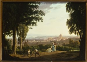 Figures élégantes sur une colline avec vue lointaine de Rome