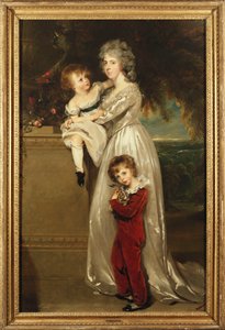 Portrait de Mme Annesley debout en pied, en robe blanche avec ses deux enfants - Thomas Lawrence