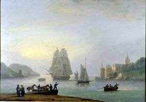 Un brick entrant dans le port de Dartmouth, avec un ferry au premier plan, 1828