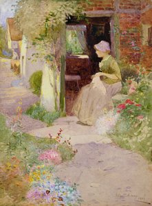 Une fille cousant à la porte d