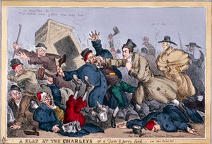 Une claque aux Charleys ou une farce de Tom & Jerry, voir New Poliece Bill, 1829 - Thomas McLean