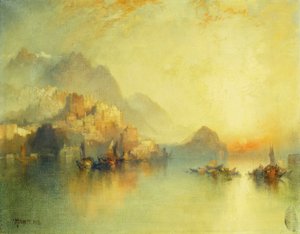 Un village à flanc de colline au coucher du soleil - Thomas Moran