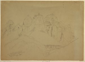 Dessin, rivière Rio Virgin avec de grandes formations rocheuses, 1873 - Thomas Moran
