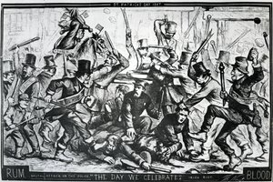 Caricature représentant les émeutes à New York le jour de la Saint-Patrick 1867, publiée dans Harper