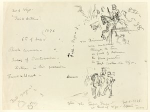 Feuille de croquis : Soldat à cheval et soldat au sabre condamnant un prisonnier (recto) ; feuille de croquis (verso) - Thomas Nast