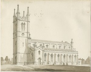 Lane End - Nouvelle église : dessin à la sépia - Thomas Peploe Wood