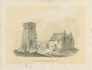 Église de Rugeley (ancienne) : dessin à la sépia sur papier teinté, nd [?1839] - Thomas Peploe Wood