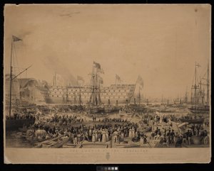 Le lancement du Trafalgar, en présence de Sa Très Gracieuse Majesté la Reine Victoria et de Son Altesse Royale le Prince Albert, au chantier naval de Woolwich