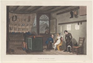 Boutique de bottes et chaussures, des Esquisses poétiques de Scarborough, 1813. Créateurs : Thomas Rowlandson, Joseph Constantine Stadler, J. Bluck