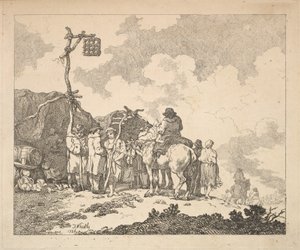 Une foire - Un groupe de gitans - Hommes et femmes en vêtements rustiques devant deux abris de fortune, 1786 - Thomas Rowlandson