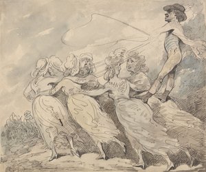 Un homme conduisant un attelage composé de six filles