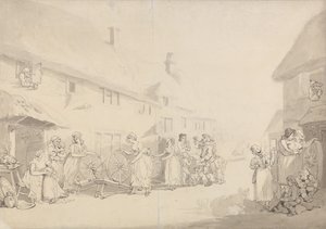 Une scène de village avec des jeunes filles filant la laine - Thomas Rowlandson